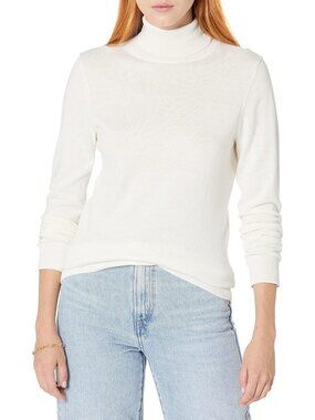 Women Lvory Long Sleeves Turtle Neck Classic Fit Ribbed Hem Pullover Sweater